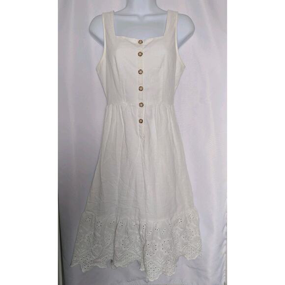 J. Gee Dresses & Skirts - J Gee Dress White Lace Sleeveless Crochet Trim Hem Square Neckline Button Size M